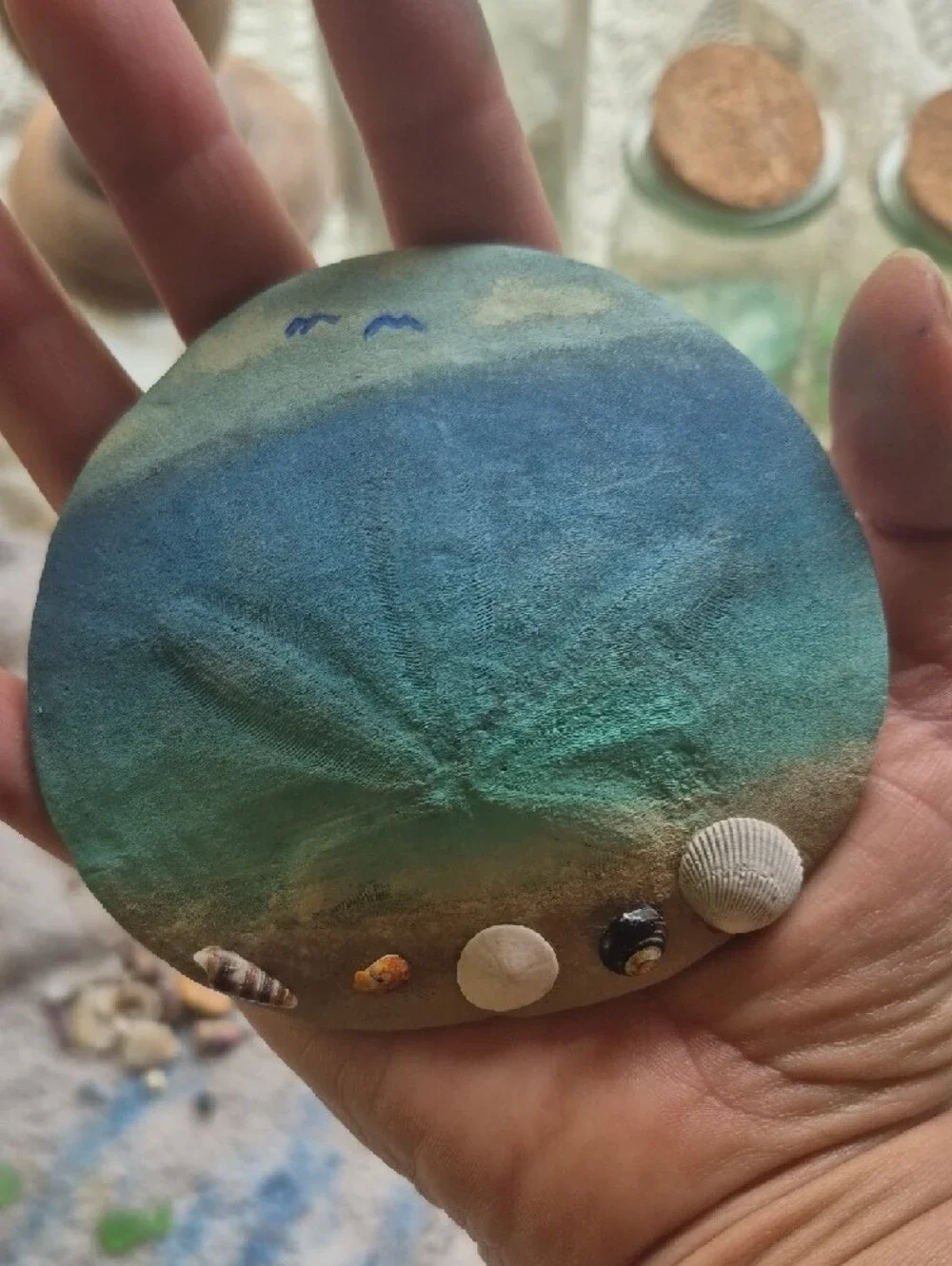Sand Dollar Painting Of Beach Scene With Real Mini Shells